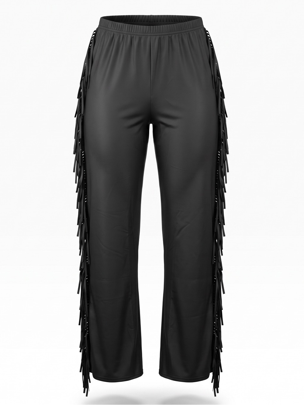 Fringe-Trim Faux Leather Black Women's Pants